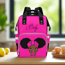 Load image into Gallery viewer, Designer Diaper Bags - African American Baby Girl With Natural Afro Pigtails And Head Wrap Hot Pink