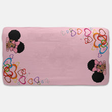 Load image into Gallery viewer, Designer Jersey Fitted Crib Sheet - African American Baby Girl With Natural Pigtails