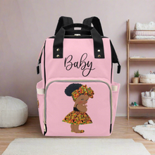 Load image into Gallery viewer, Designer Diaper Bag - Ethnic African American Baby Girl - Powder Pink Multi-Function Backpack