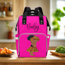 Load image into Gallery viewer, Designer Diaper Bag - Ethnic Queen African American Baby Girl - Hot Pink and Black - Waterproof Backpack