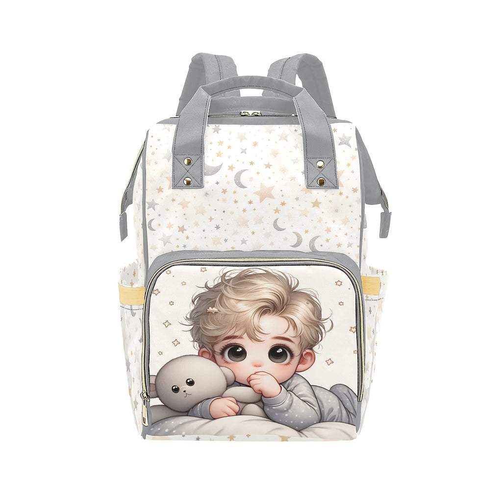 Baby Boy Blonde With Teddy Bear Moons and Stars Diaper Backpack Waterproof Backpack