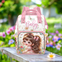 Load image into Gallery viewer, Baby Girl Pink Bows Meadow and Butterflies Diaper Bag Backpack