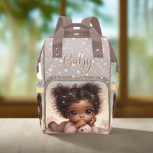 Load image into Gallery viewer, Personalized Diaper Bag With Black Baby Girl Pigtails, PJs, Moons and Stars Diaper Backpack Waterproof Backpack