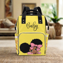 Load image into Gallery viewer, Designer Diaper Bags - African American Baby Girl With Afro Pigtails Yellow - Waterproof Multi-Function Backpack