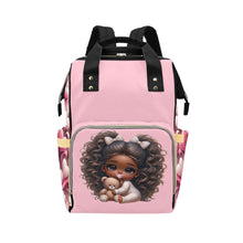 Load image into Gallery viewer, Baby Girl African American Puffy Pigtails in PJs Hearts Diaper Backpack