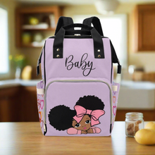 Load image into Gallery viewer, Designer Diaper Bag - African American Baby Girl With Afro Pigtails Lilac Multi-Function Backpack