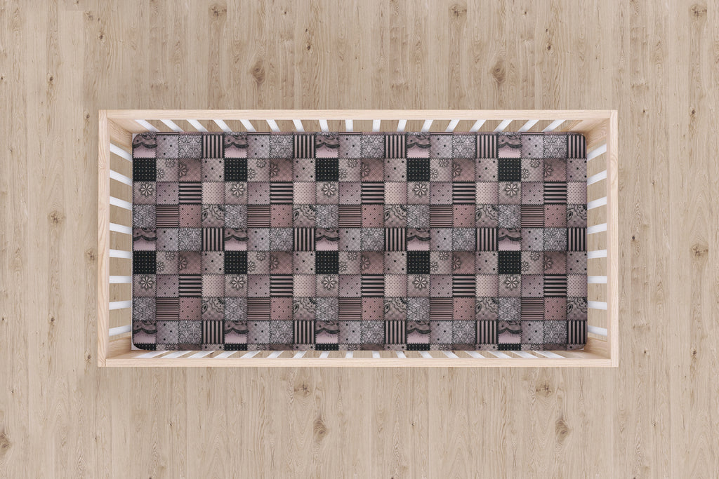 Designer Jersey Fitted Crib Sheet - Pink and Gray Quilt-Like Plaid