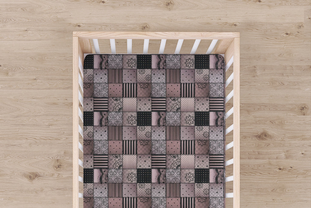 Designer Jersey Fitted Crib Sheet - Pink and Gray Quilt-Like Plaid