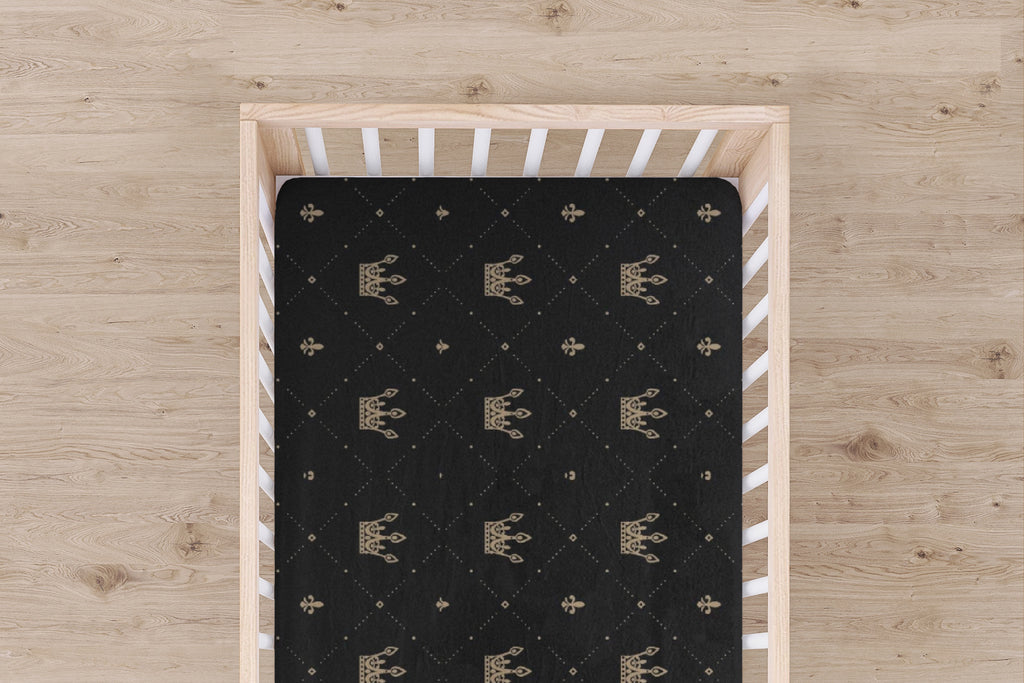 Designer Jersey Fitted Crib Sheet - Gold Crowns on Black