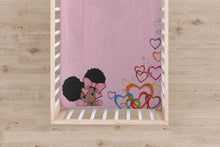 Load image into Gallery viewer, Designer Jersey Fitted Crib Sheet - African American Baby Girl With Natural Pigtails