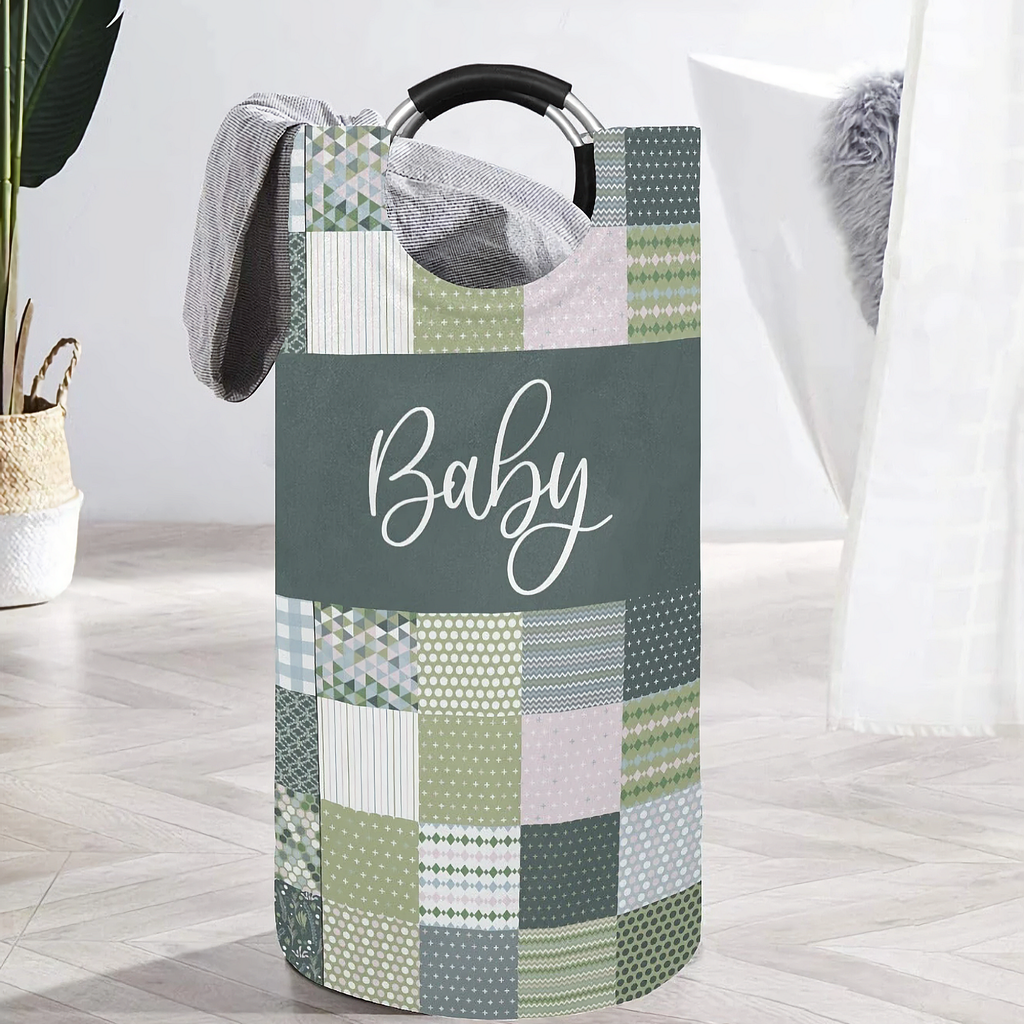 Green Quilt-Like Patchwork Large Laundry Basket Round Laundry Hamper