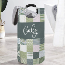 Load image into Gallery viewer, Green Quilt-Like Patchwork Large Laundry Basket Round Laundry Hamper