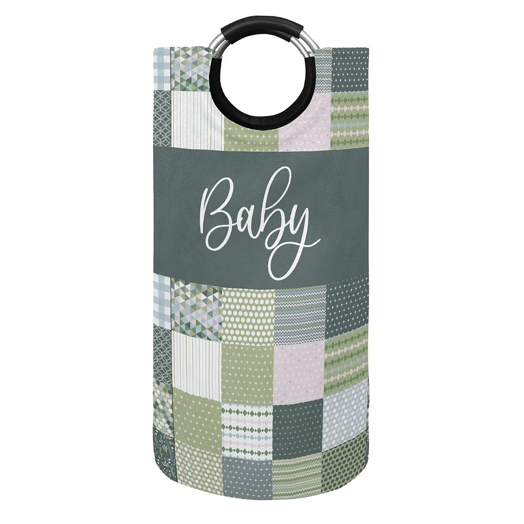 Green Quilt-Like Patchwork Large Laundry Basket Round Laundry Hamper