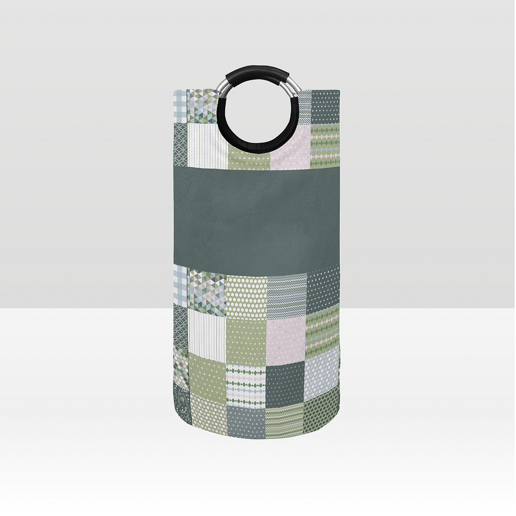 Green Quilt-Like Patchwork Large Laundry Basket Round Laundry Hamper