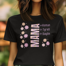 Load image into Gallery viewer, Personalized MAMA T-shirt With Kids Names Retro Floral in Classic Colors 100% Cotton Jersey Knit