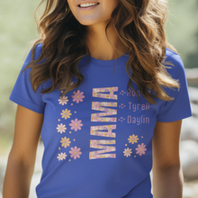 Load image into Gallery viewer, Personalized MAMA T-shirt With Kids Names Retro Floral in Classic Colors 100% Cotton Jersey Knit