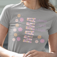 Load image into Gallery viewer, Personalized MAMA T-shirt With Kids Names Retro Floral in Classic Colors 100% Cotton Jersey Knit