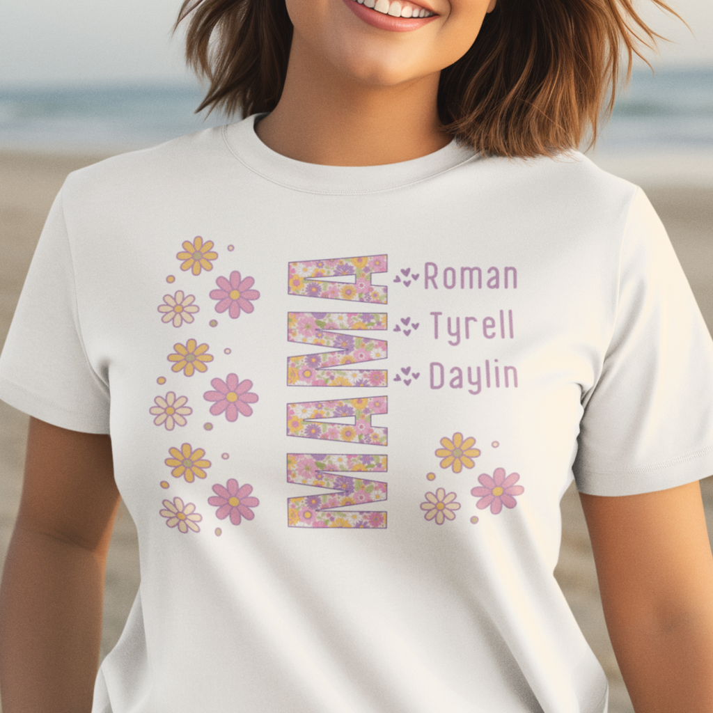 Personalized MAMA T-shirt With Kids Names Retro Floral in Classic Colors 100% Cotton Jersey Knit