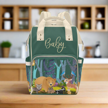 Load image into Gallery viewer, Designer Diaper Bags - Gender Neutral Forest Animals With Baby Name - Green - Waterproof Multi-Function Backpack