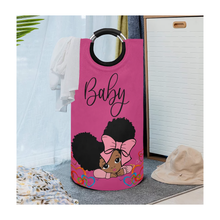 Load image into Gallery viewer, African American Baby Girl Hot Pink Large Laundry Basket Round Laundry Hamper
