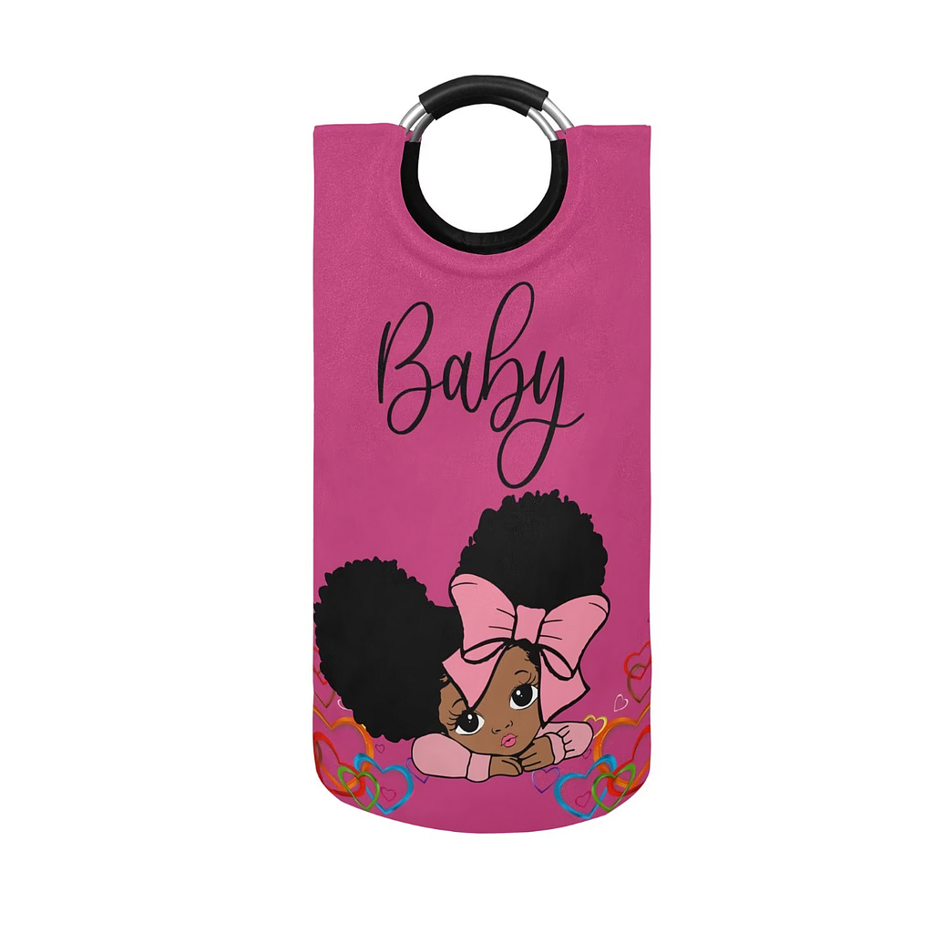 African American Baby Girl Hot Pink Large Laundry Basket Round Laundry Hamper