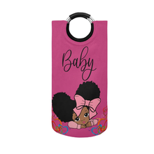 Load image into Gallery viewer, African American Baby Girl Hot Pink Large Laundry Basket Round Laundry Hamper