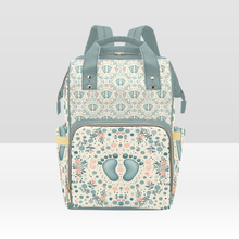 Load image into Gallery viewer, Baby Bag Backpack - Cute Boho Baby&#39;s Footprints in Green Multi-Function Backpack