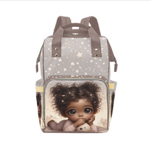 Load image into Gallery viewer, Personalized Diaper Bag With Black Baby Girl Pigtails, PJs, Moons and Stars Diaper Backpack Waterproof Backpack