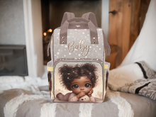 Load image into Gallery viewer, Personalized Diaper Bag With Black Baby Girl Pigtails, PJs, Moons and Stars Diaper Backpack Waterproof Backpack