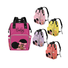 Load image into Gallery viewer, Designer Diaper Bags - African American Baby Girl With Afro Pigtails Yellow - Waterproof Multi-Function Backpack