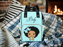Load image into Gallery viewer, Designer Diaper Bag Lighter Skin African American Girl Electric Blue Waterproof Diaper Bag Backpack