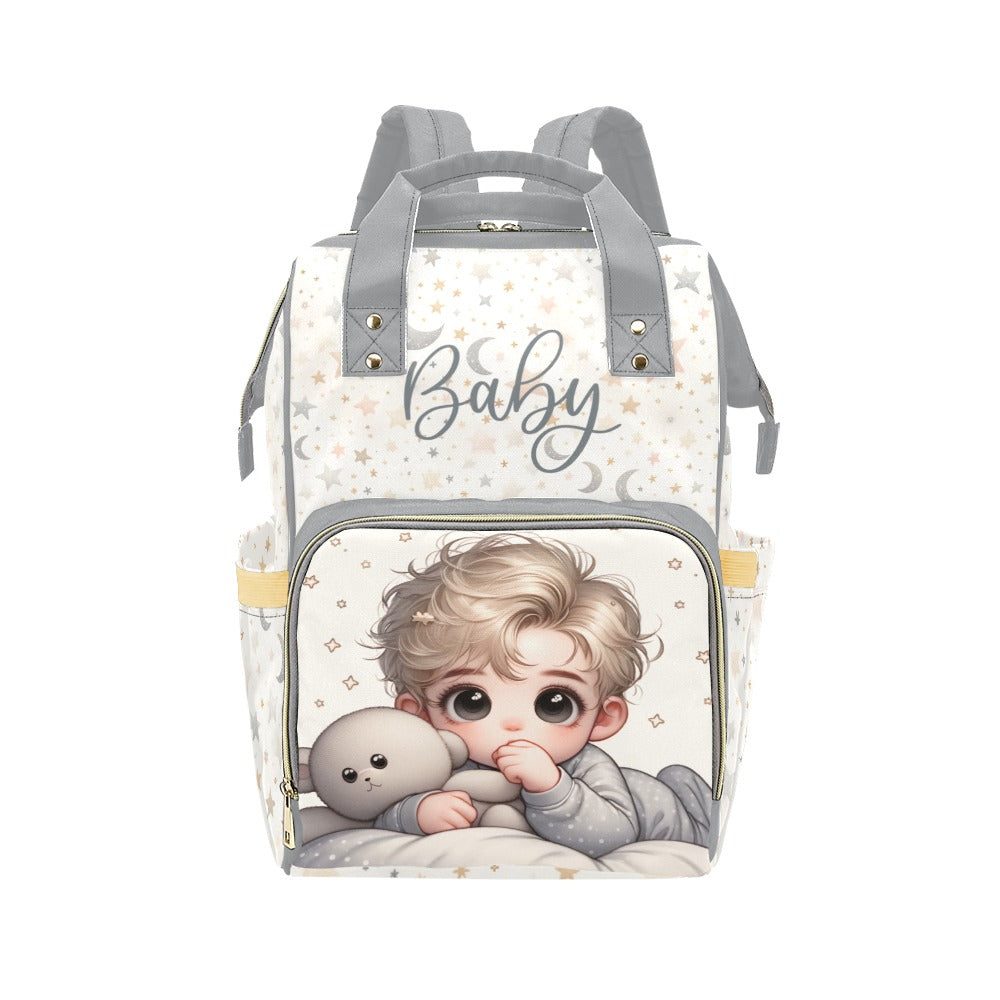 Baby Boy Blonde With Teddy Bear Moons and Stars Diaper Backpack Waterproof Backpack