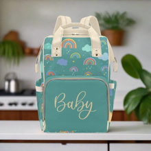 Load image into Gallery viewer, Designer Diaper Bags - Unisex Rainbows With Baby Name On Green - Waterproof Multi-Function Backpack