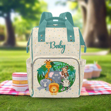 Load image into Gallery viewer, Designer Diaper Bag - Cartoon Zoo Animals On Fun Colorful Dots - Green Multi-Function Backpack