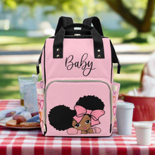Load image into Gallery viewer, Personalize Optional - Designer Diaper Bags - African American Baby Girl With Afro Pigtails Powder Pink - Waterproof Multi-Function Backpack
