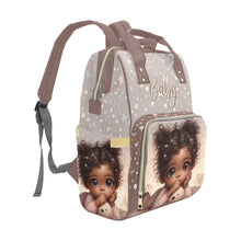 Load image into Gallery viewer, Personalized Diaper Bag With Black Baby Girl Pigtails, PJs, Moons and Stars Diaper Backpack Waterproof Backpack