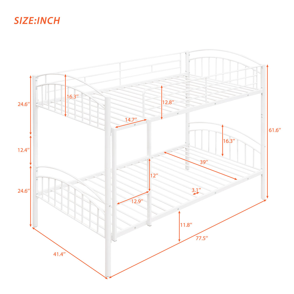 Twin Over Twin Metal Bunk Bed,Divided into Two Beds(White)