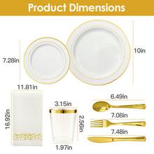 Load image into Gallery viewer, 175Pcs Disposable Gold Dinnerware Set Gold Rim Plastic Plates Cups Fork Spoon Knife Paper Napkins for Party Wedding Graduation