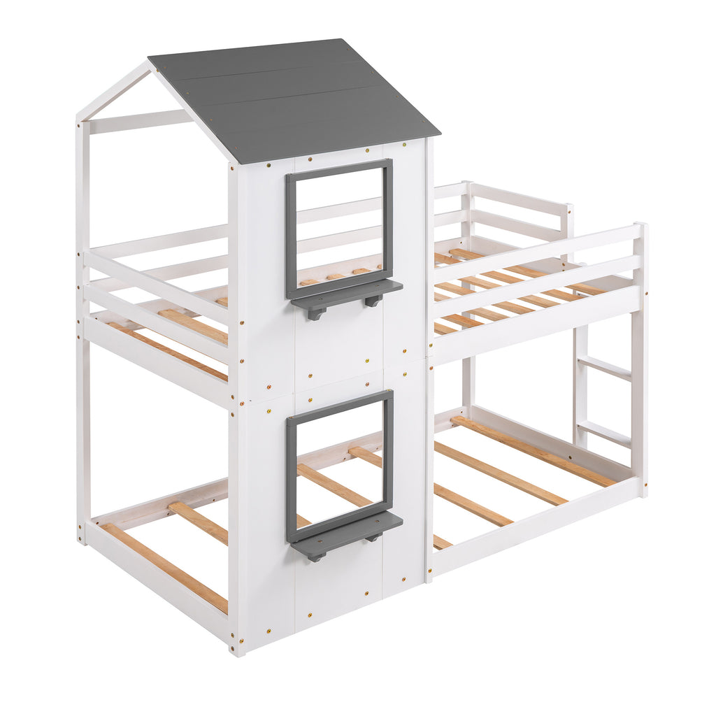 Twin Over Twin Bunk Bed Wood Bed with Roof, Window, Guardrail, Ladder (White)
