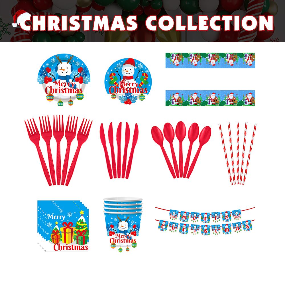 Christmas 10-piece set   Set Party Supplies Snowman Disposable Tableware Paper Plates and Napkins Banners Plastic tablecloths Cutlery Serves 60 for Merry Christmas Party Home Indoor Outdoor Decor