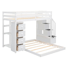 Load image into Gallery viewer, Twin Over Full Bunk Bed with 3-layer Shelves, Drawers and Storage Stairs, White