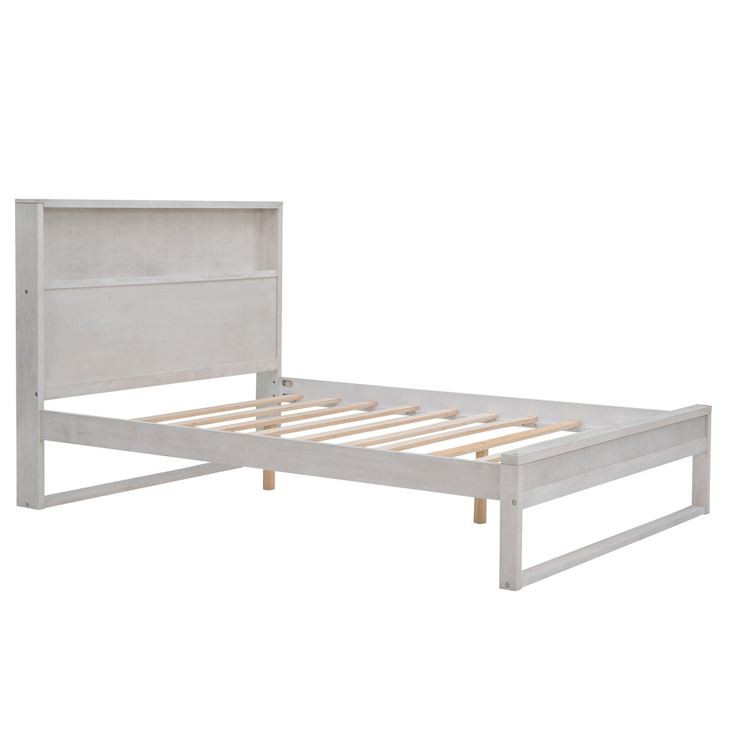 Platform Bed with Storage Headboard, Sockets and USB Ports, Full Size Platform Bed, Antique White
