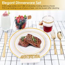 Load image into Gallery viewer, 175Pcs Disposable Gold Dinnerware Set Gold Rim Plastic Plates Cups Fork Spoon Knife Paper Napkins for Party Wedding Graduation