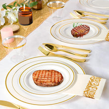 Load image into Gallery viewer, 175Pcs Disposable Gold Dinnerware Set Gold Rim Plastic Plates Cups Fork Spoon Knife Paper Napkins for Party Wedding Graduation