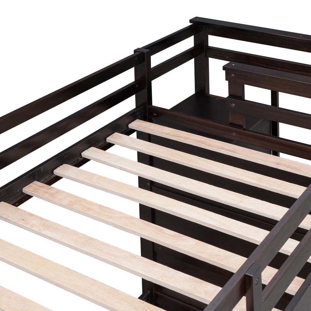 Twin Over Twin Bunk Bed with Trundle and Staircase, Espresso