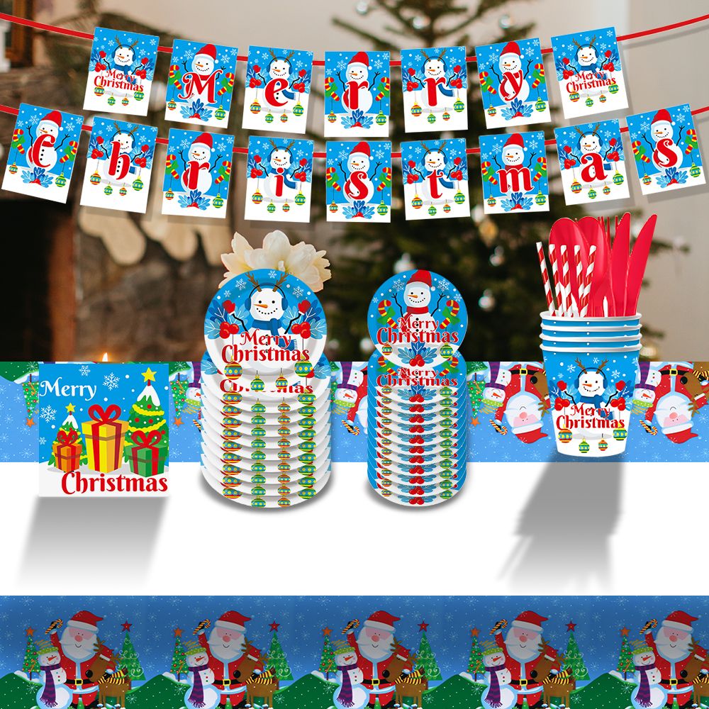 Christmas 10-piece set   Set Party Supplies Snowman Disposable Tableware Paper Plates and Napkins Banners Plastic tablecloths Cutlery Serves 60 for Merry Christmas Party Home Indoor Outdoor Decor