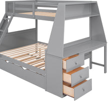 Load image into Gallery viewer, Twin over Full Bunk Bed with Trundle and Built-in Desk, Three Storage Drawers and Shelf,Gray