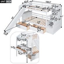Load image into Gallery viewer, Twin over Twin Bunk Bed with Storage Staircase, Slide and Drawers, Desk with Drawers and Shelves, White