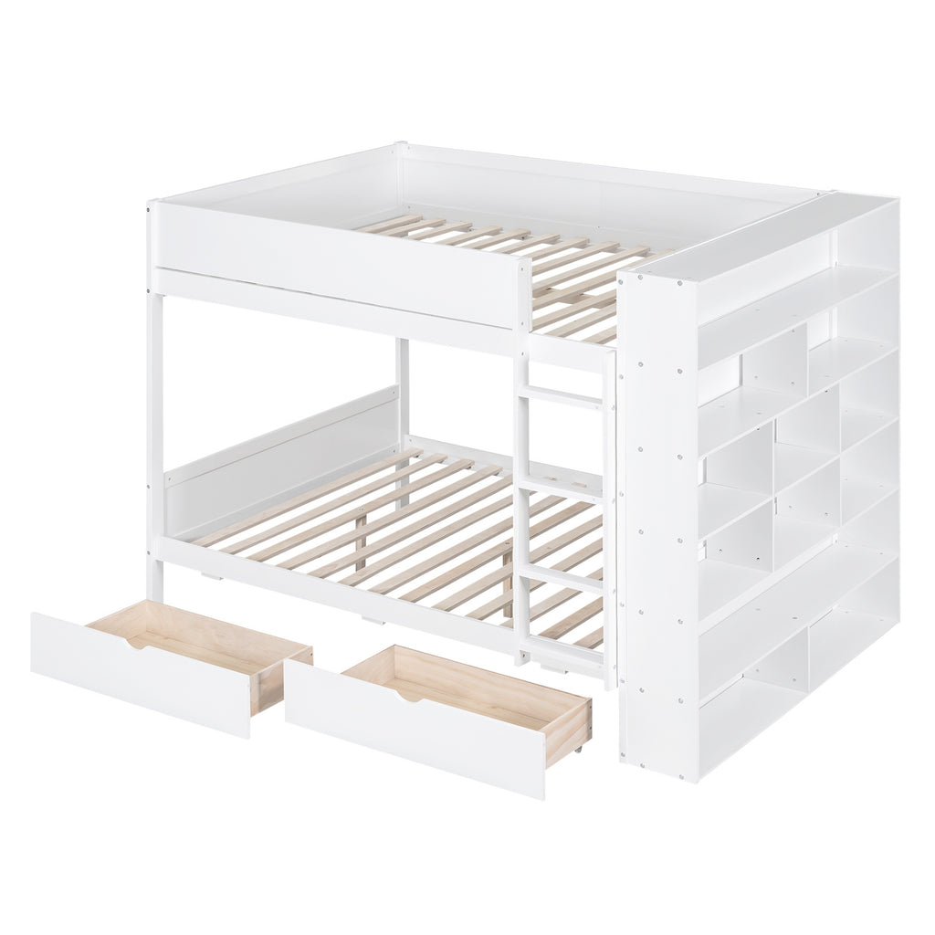 Full over Full Bunk Bed With 2 Drawers and Multi-layer Cabinet, White