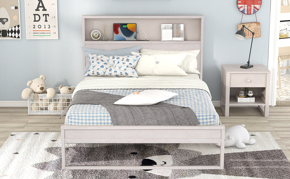 Platform Bed with Storage Headboard, Sockets and USB Ports, Full Size Platform Bed, Antique White